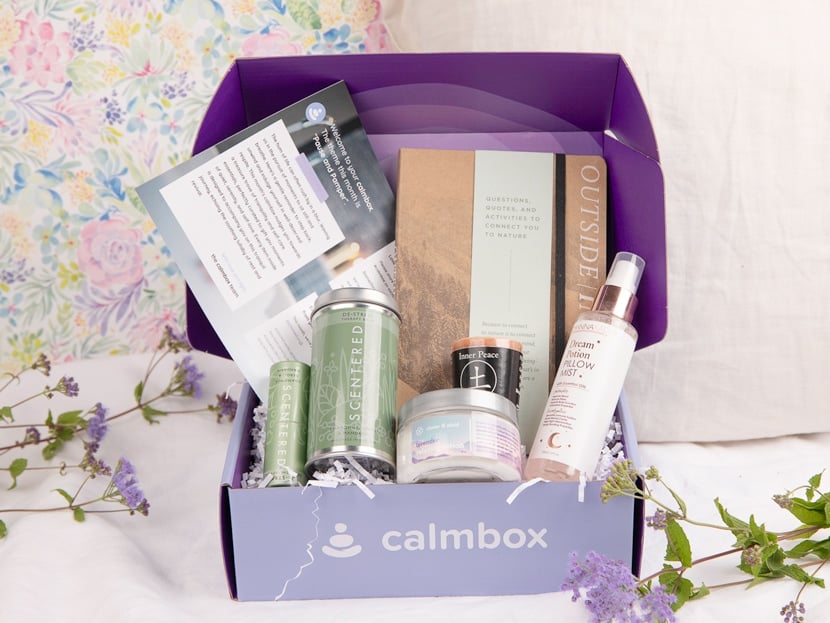 an example calmbox showing soap, a book, and other items